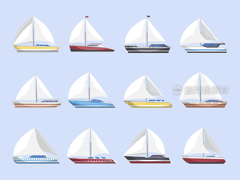 Sea sailboats side view isolated set